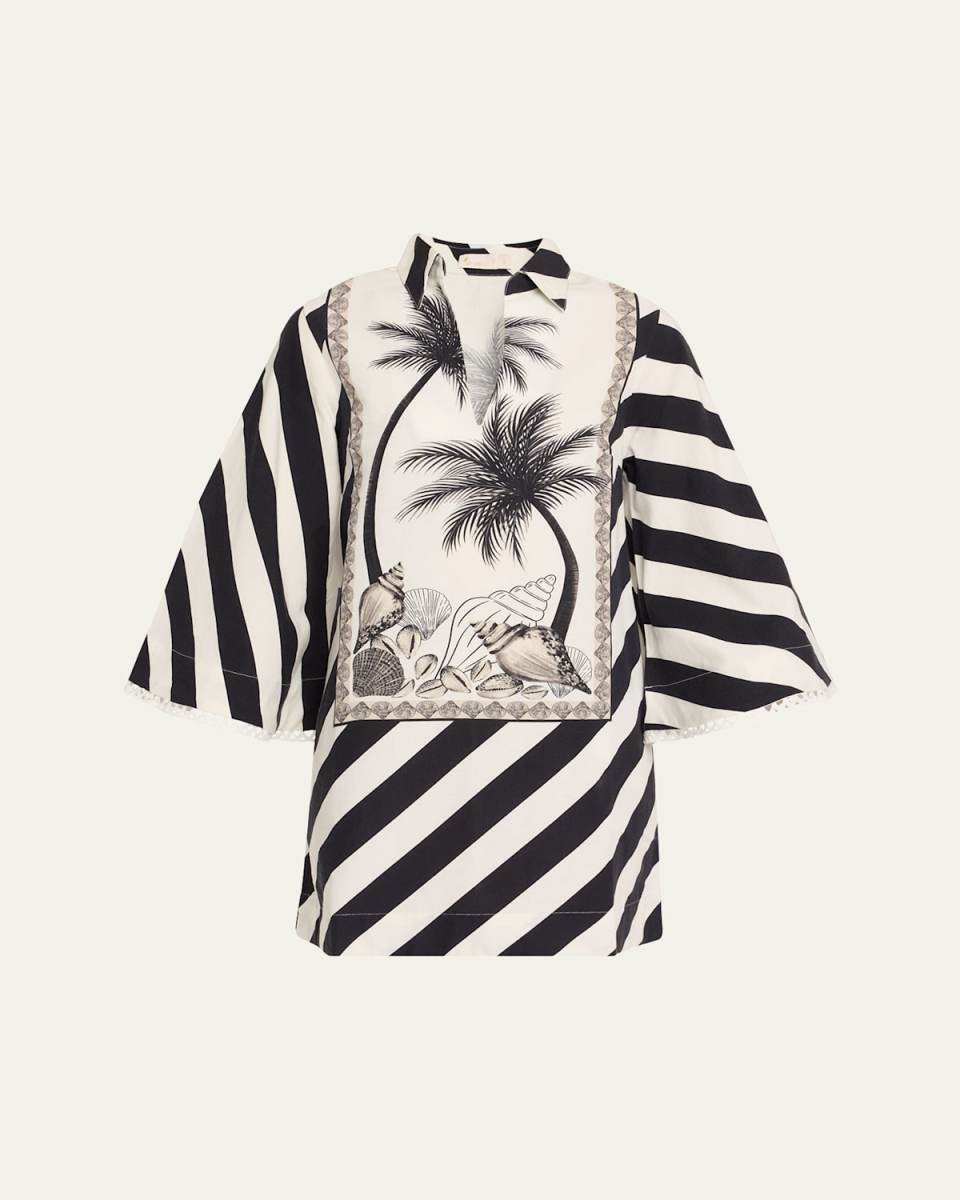 Palm Panel V-Neck Mini Kaftan Dress